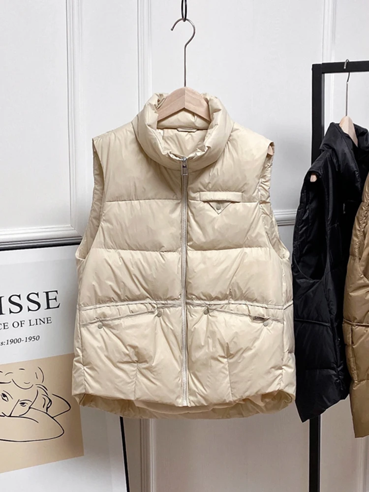 FTLZZ-Manteau en Duvet de Canard Blanc pour Femme, 90% Duvet de Canard, Décontracté, Col Montant, Poches à Fermeture Éclair, Vêtements d'Extérieur Solides, Hiver