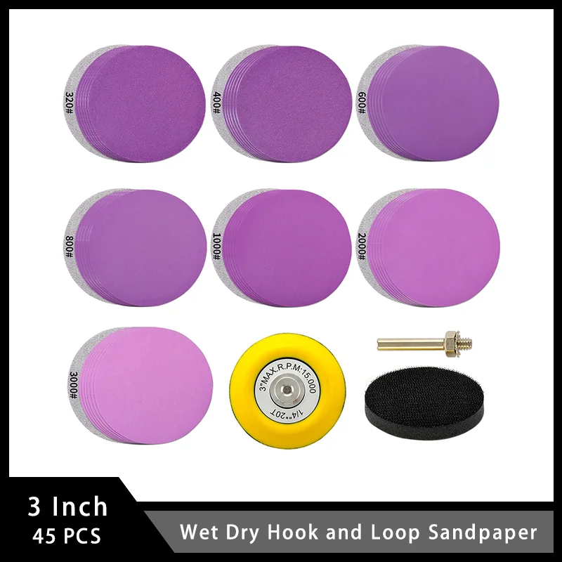 

3 Inch Wet Dry Hook and Loop Sandpaper 45 Pcs with 1/4 Shank Backing Plate and Interface Pad for Polishing Wood Metal Automotive