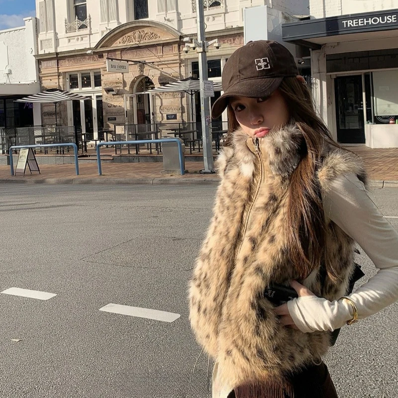Autumn Winter Leopard-Print Fur Coats Vests Women Trendy Faux Fur Waistcoat Sleeveless Puffy Jackets Coat Luxury Brand Vest New