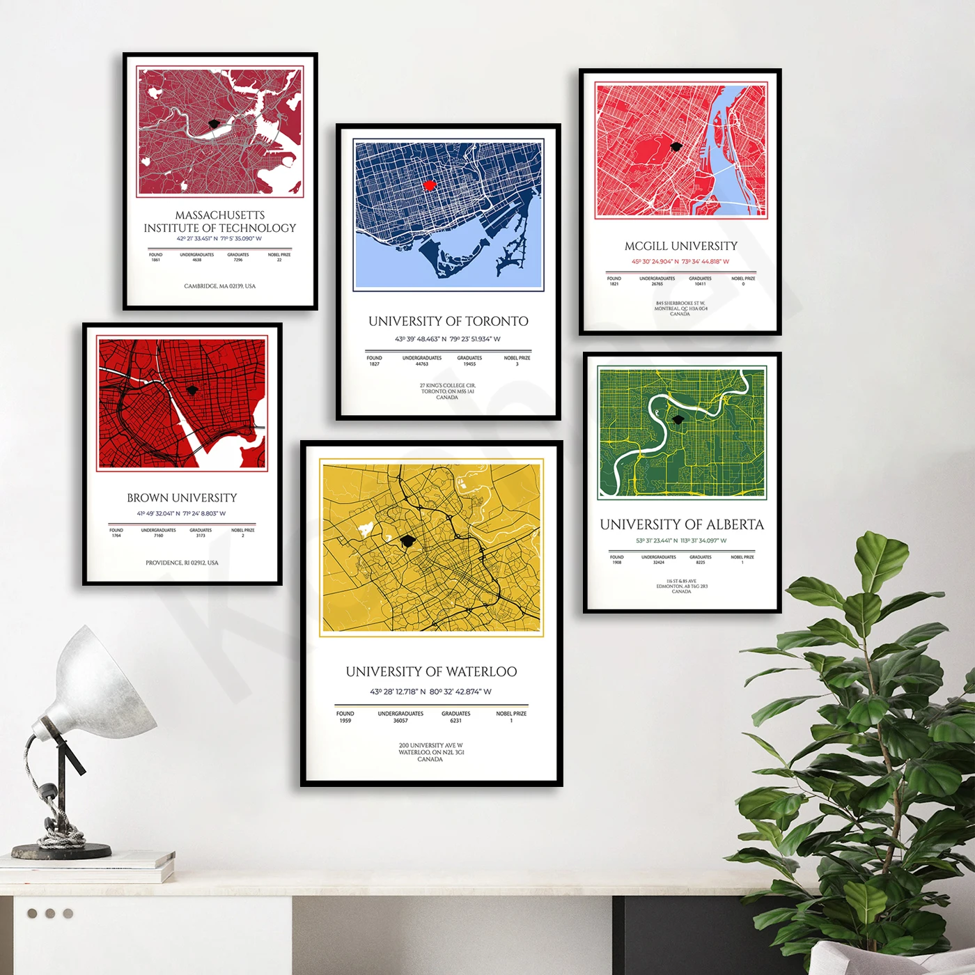 Waterloo. MIT. Toronto. McGill. Brown. Alberta. British. Manchester. Metropolitan University Graduation Gift Map Poster