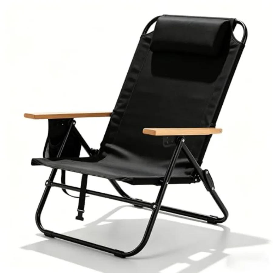 

Beach camping chair for adults, lightweight black polyester folding backpack chair with 5-position reclining, headrest, cup hol