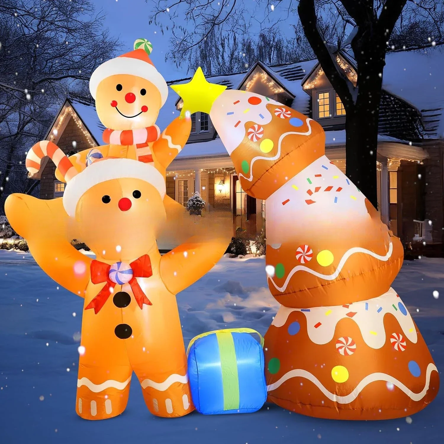 Christmas Inflatable Gingerbread Man Father and Son Tree Gift Box Air Mold LED Light Luminous Ornament Garden Ornament