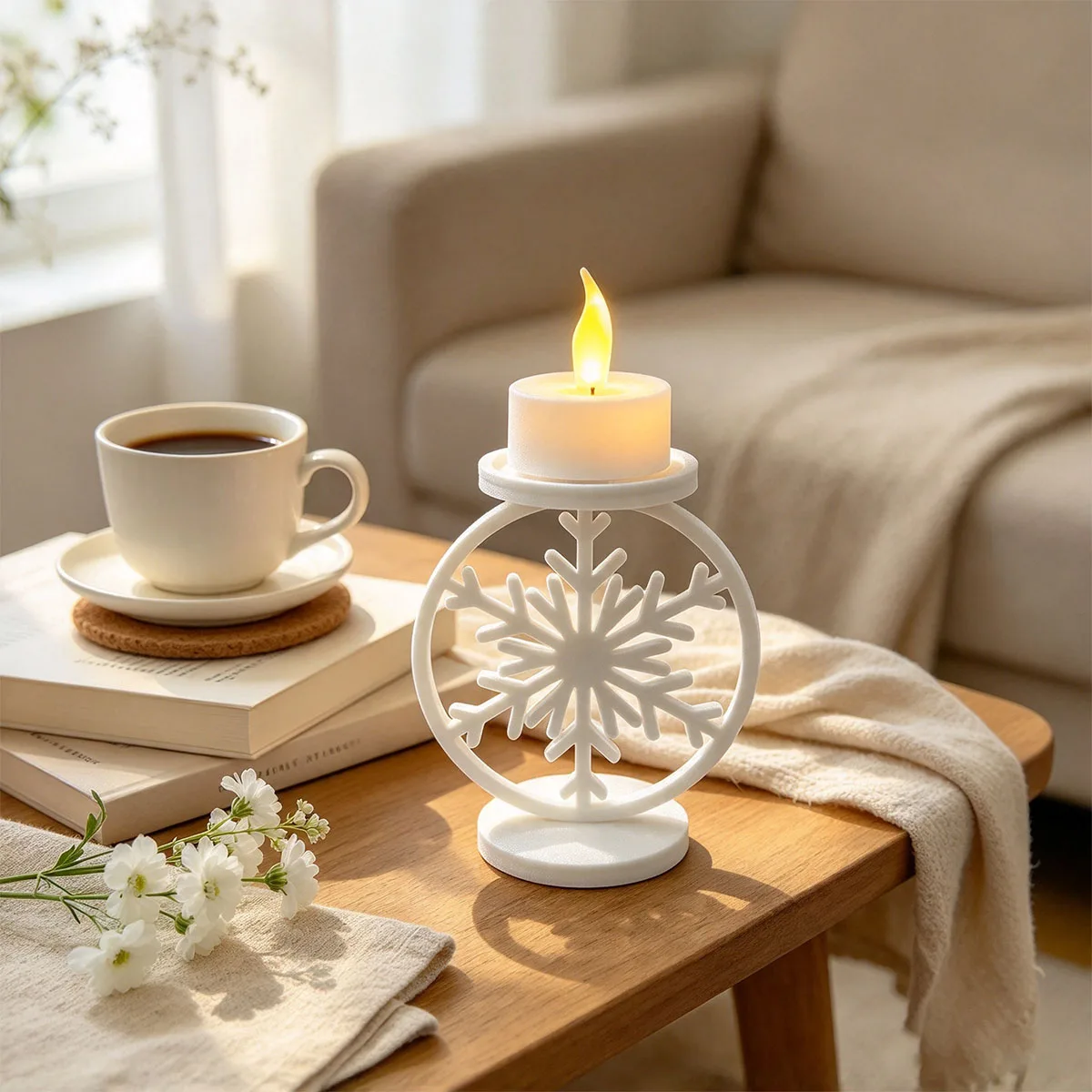Hollow Snowflake Candle Holder White Resin Tealight Stand Suitable for LED CandlesTabletop Ornament for Halloween Home Decoratio