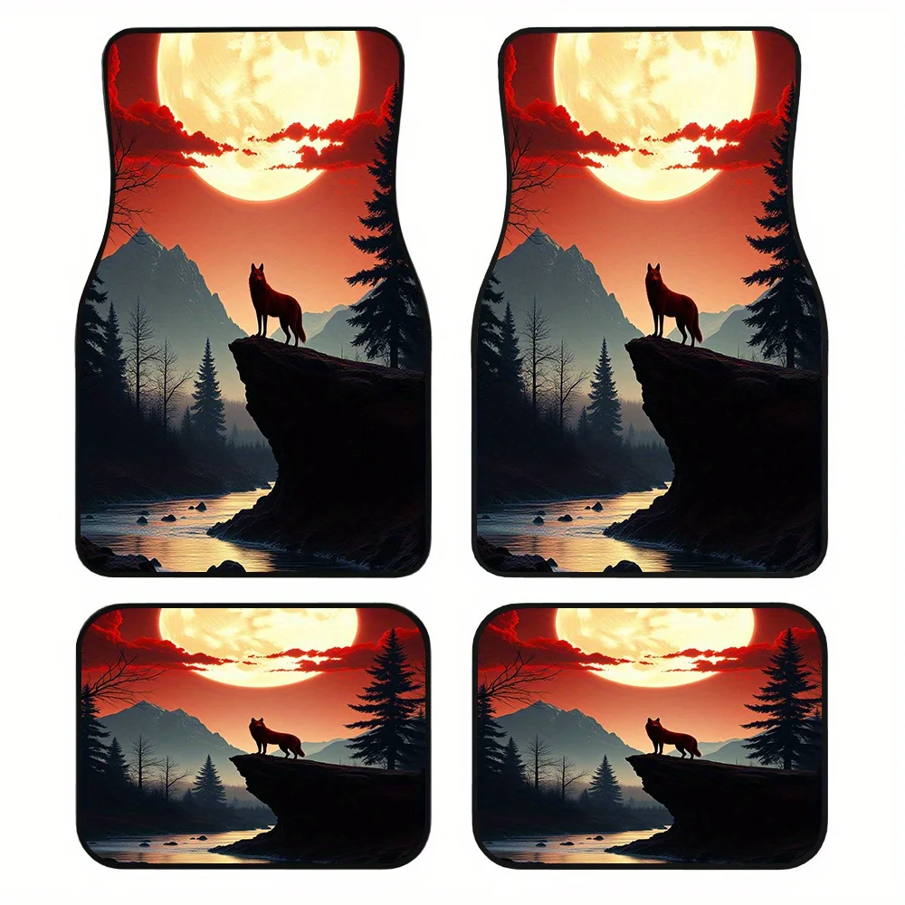 4pcs Wolf Moon Forest Sunset Car Floor Mats - Durable Polyester, Fit For All Vehicles, Vibrant Red & Design With Wolf Silhouette