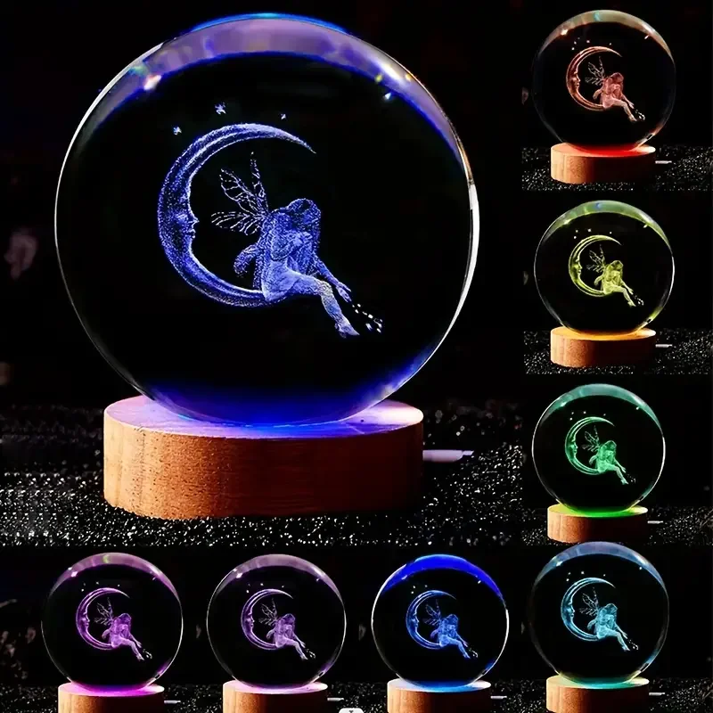 1 pc crystal ball colorful night light, 3D moon and fairy laser carved night light, creative birthday gift for girlfriend\'s wife