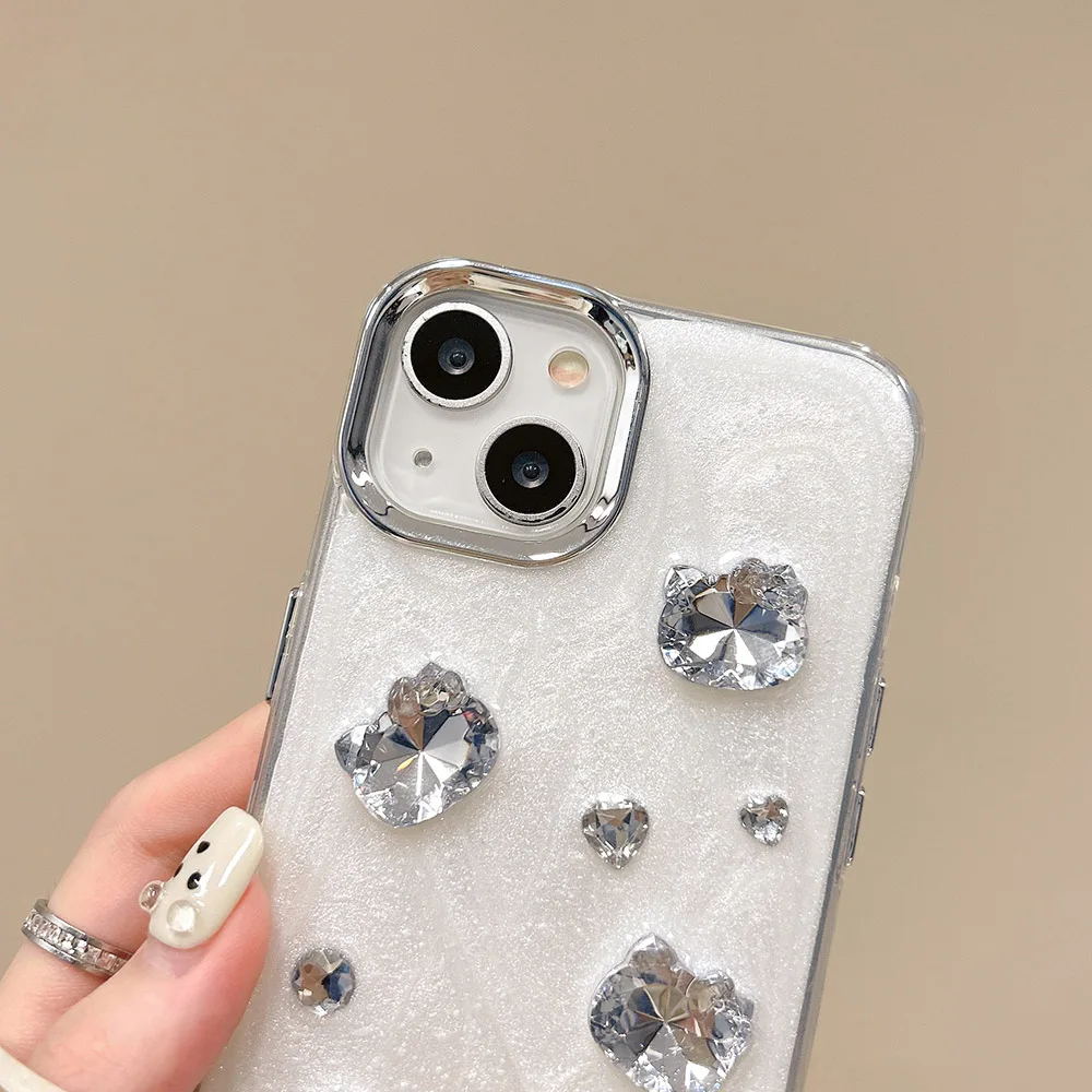 Casing bening hati kucing kartun berlian berkilau lucu Korea untuk iPhone 15 14 13 12 11pro Max penutup lunak pelindung lensa cinta berlian imitasi