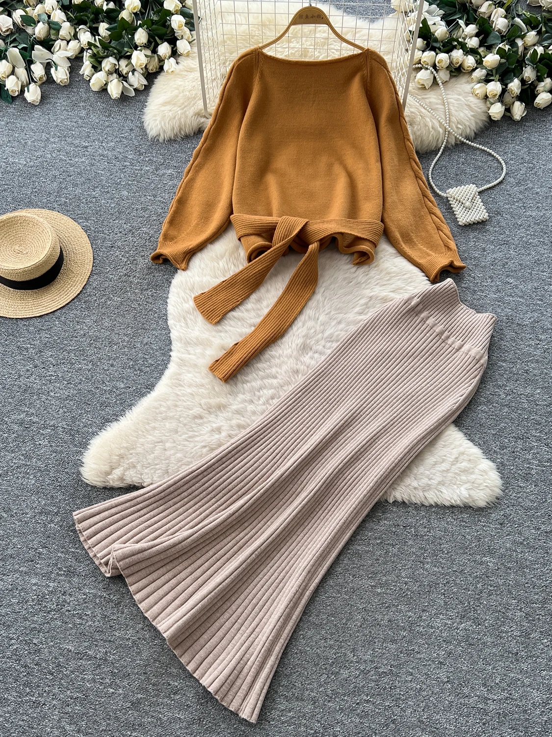 Ladies' Autumn Fashion Knitted Sweater Cover up Long Sleeve High Waist Wrap Body Half Skirt Set Belt Design Sensation Comfort...