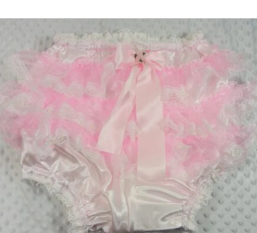 Pink satin, sweet and cute, sexy lace with butterfly bow embellishment  pedophile crossdressing triangle shorts