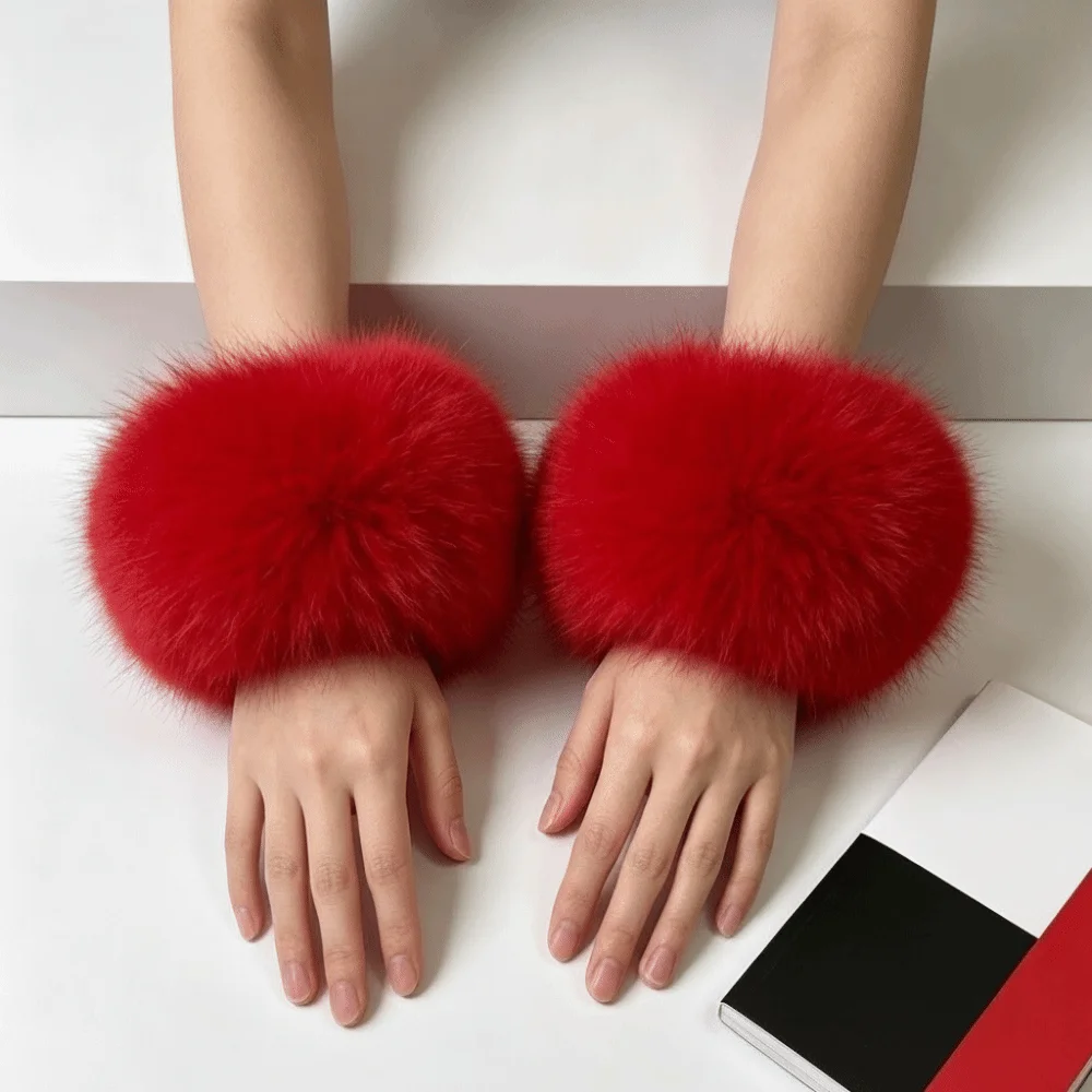 Comfortable Solid Color Faux Fur Wrist Cuffs Keep Warm Elastic Jacket Arm Warmers Soft Decorative Plush Sleeve Covers Ladies