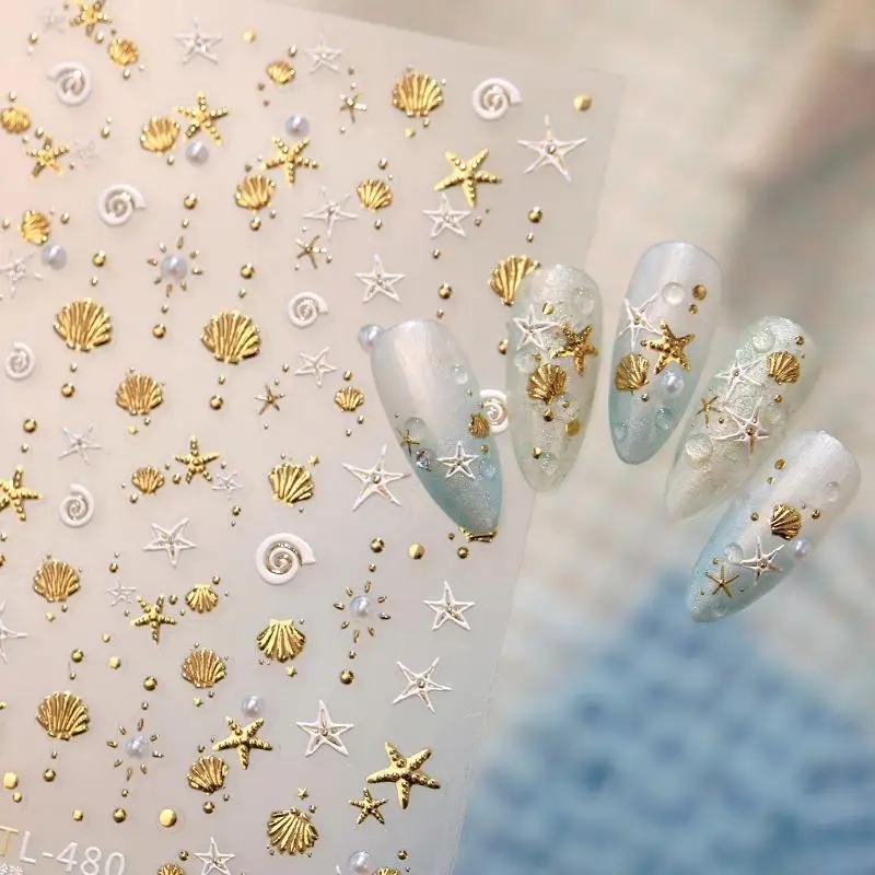 Gold Stamped 3D Nail Art Stickers Self Adhesive Pearl Shell Conch Design for Nail Salon Home DIY Use