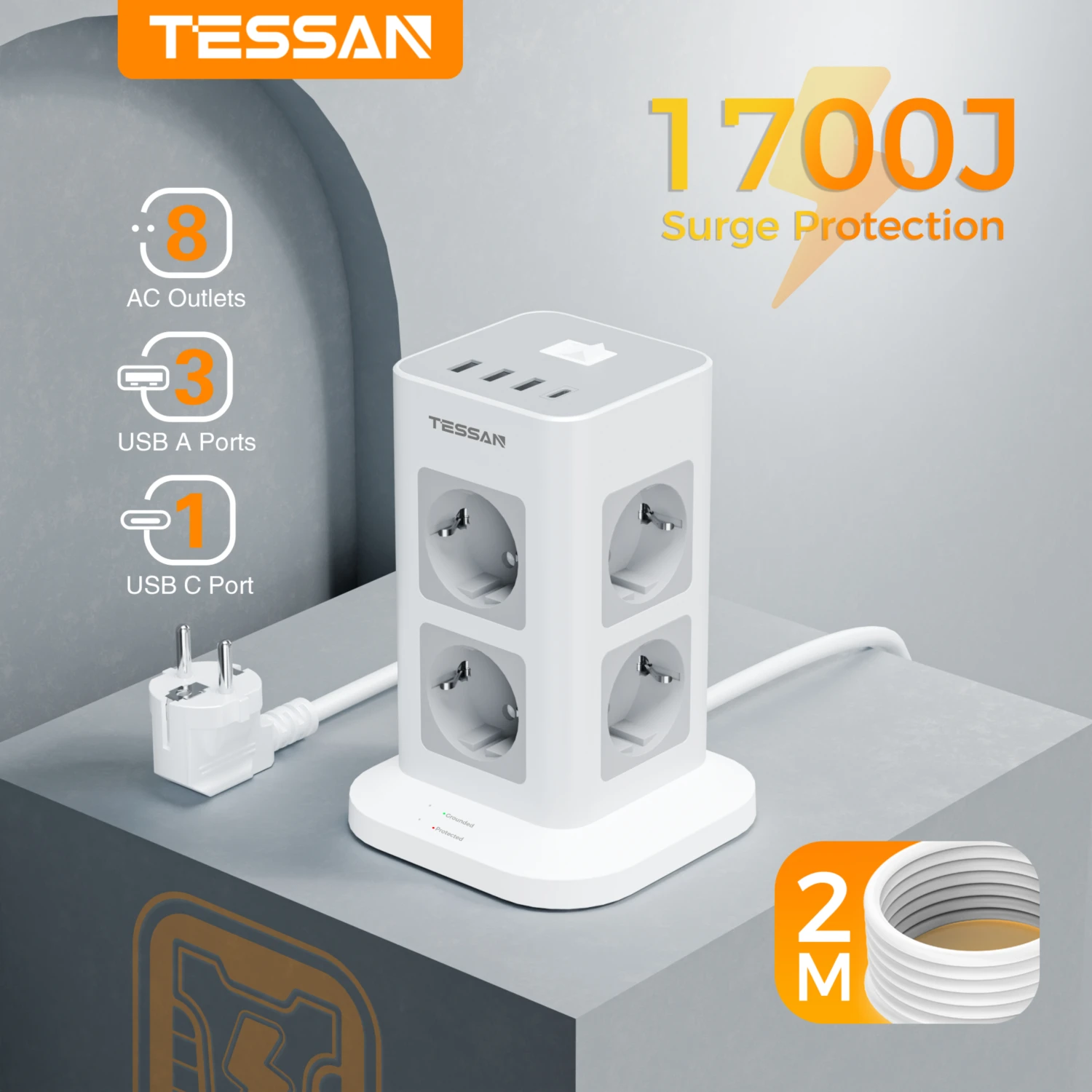 TESSAN Multi Outlets Power Strip with 3 USB Ports +1 Type C, European Plug Tower Socket with 2M Extension Cord Surge Protection