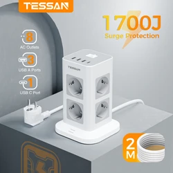 TESSAN Multi Outlets Power Strip with 3 USB Ports +1 Type C, European Plug Tower Socket with 2M Extension Cord Surge Protection