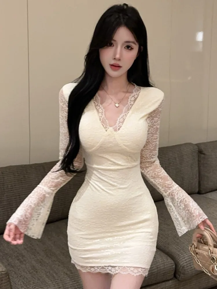 

Elegant Lace Long Sleeve V-Neck Dress Women's Spring Autumn Slim Fit Short Skirt High Waist Retro Style Casual Wear Polyester...