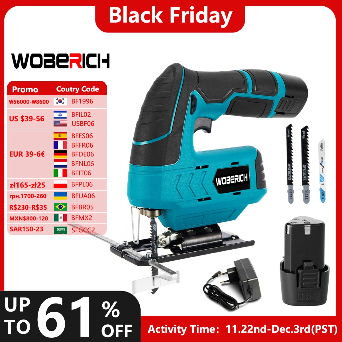 WOBERICH 12V 5600RPM Cordless Jig Saw Electric Jigsaw Speed Adjustable Portable Woodworking Power Tool 45 Degree Tilt Angle