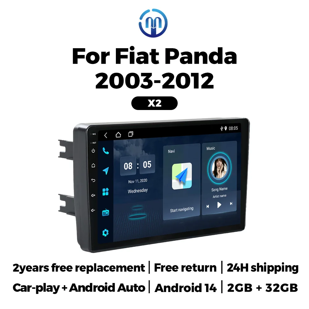 NaviFly Car Radio Android 14 For Fiat Panda 169 2003 2004 2005- 2012 Carplay Auto GPS Navigation Stereo 2 Din Multimedia Player
