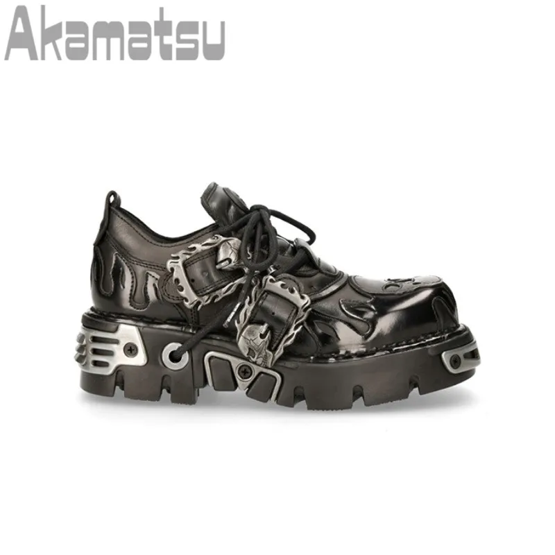 Men and Women Vintage Rock Couple Shoes New Dark Punk Leather Retro Boots Metal Buckle Design Unisex Platform Single Shoes