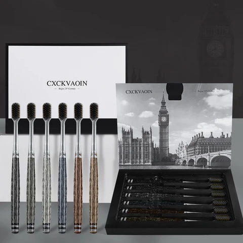 6팩 성인용 부드러운 강모 칫솔 심플 홈 팩 크리스탈 핸들 패밀리 세트