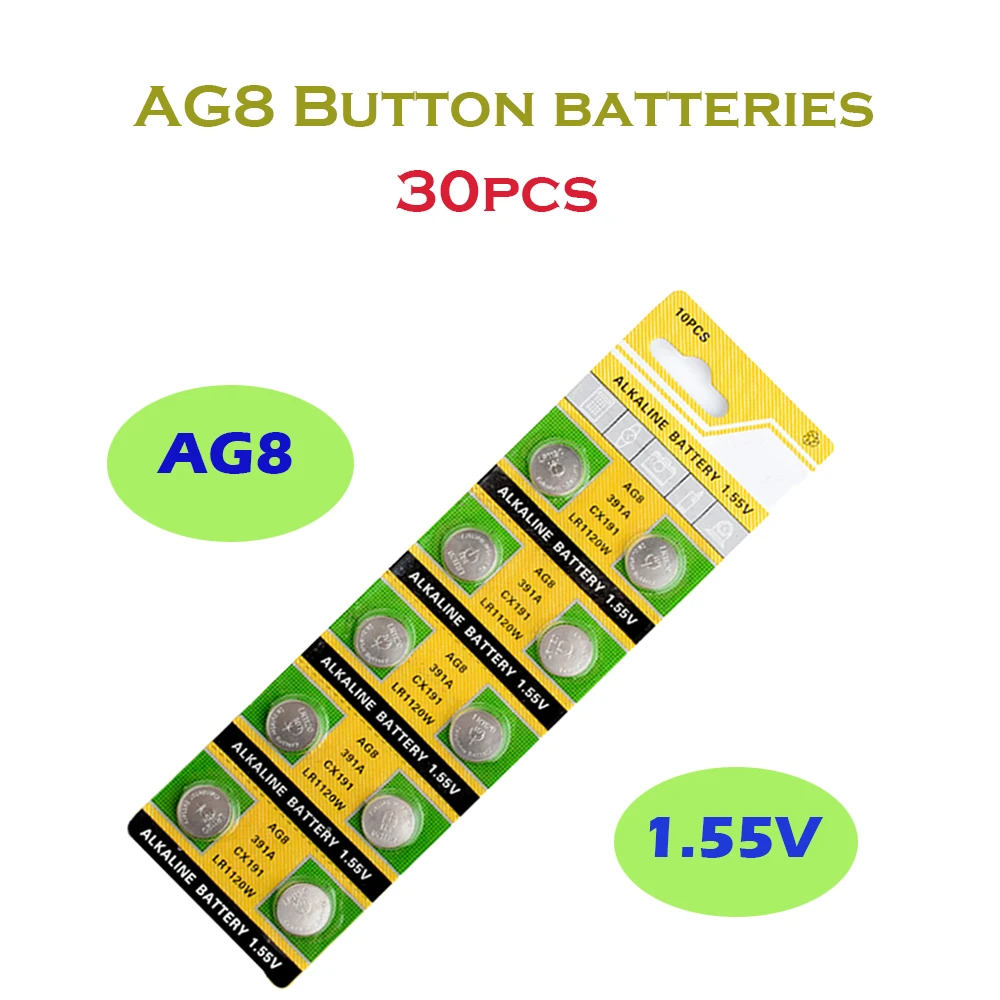 

AG8 30PCS=3Card 45mAh Alkaline 1.55V Button Battery 191 SR1120 LR1120 391 CX191 LR1120W LR55 Coin Cell For Watch Toy Control