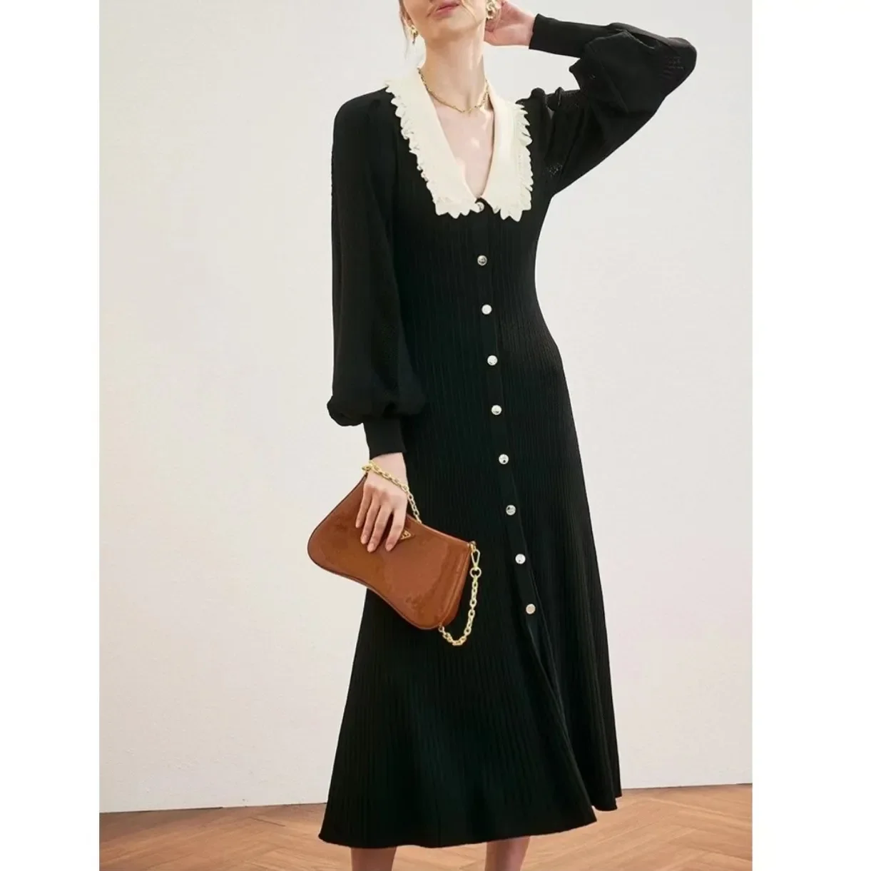 French Style Elegant Long Sleeve Patchwork Mid Long Dresses 2024 Spring Women Vintage Midi Vestido Classic Knitted Evening Dress