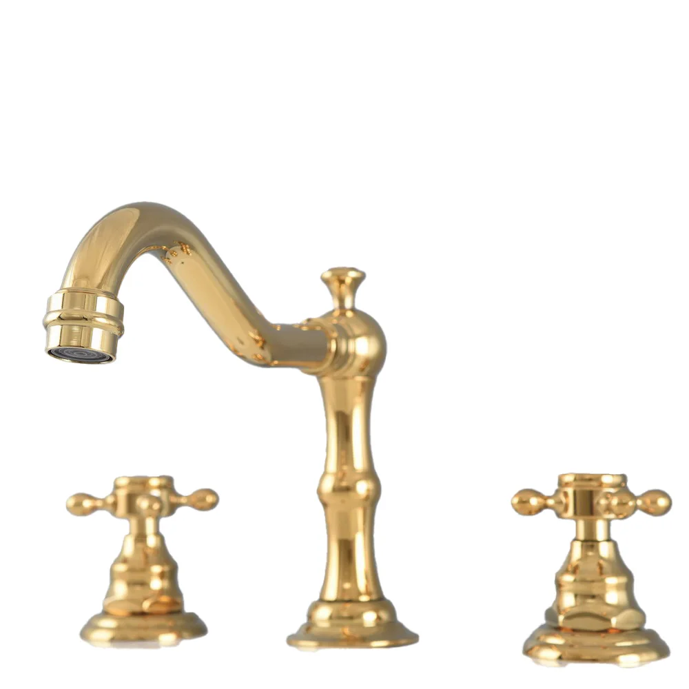 Gold Color Brass Deck Mounted Dual Handles Widespread Bathroom 3 Holes Basin Faucet Mixer Water Taps mnf981