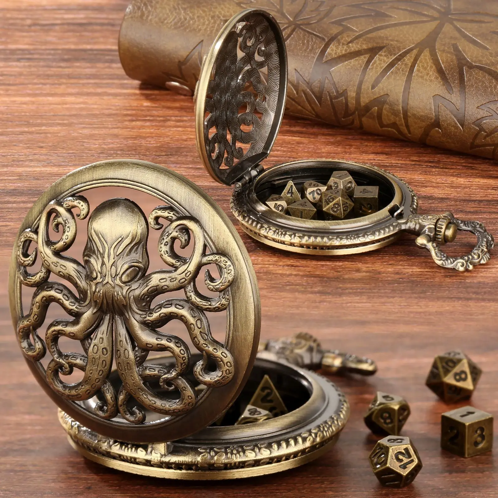 

Octopus Hollow Pocket Watch DND Dice Jewelry Pocket Watch Case Hollow Octopus Dice box with Waist Chain