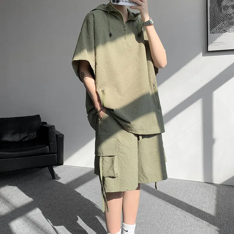 

Men's 2 Piece Shorts Set Textured Waffle Knit Half Zip Hooded Tshirt Cargo Shorts Sets Techwear Streetwear Outfit Plus Size Men