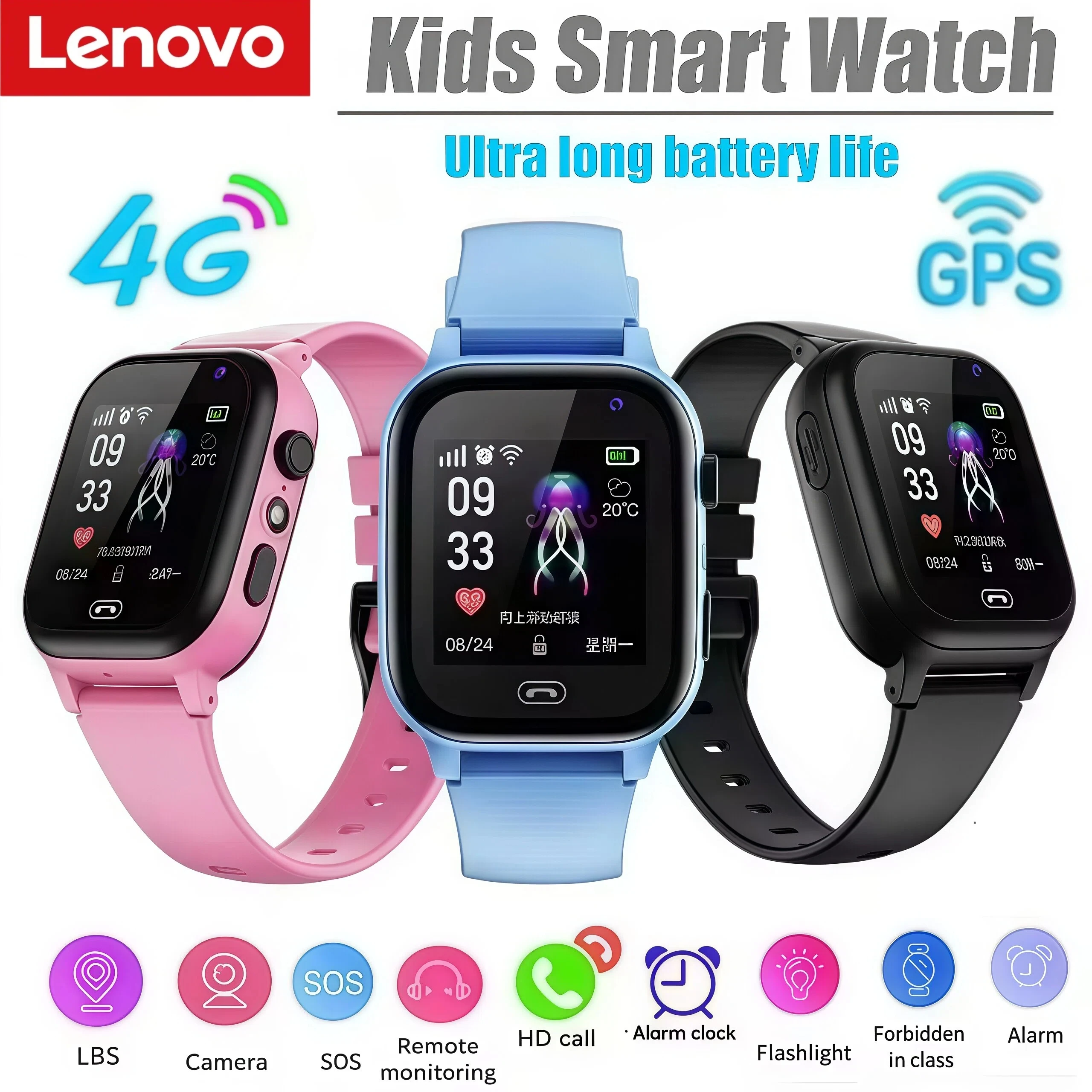 Lenovo Kids Smart Watch SOS Wifi GPS Location Video Call 4G Electronic Watch Card Camera Waterproof School For Boys Girls Gift