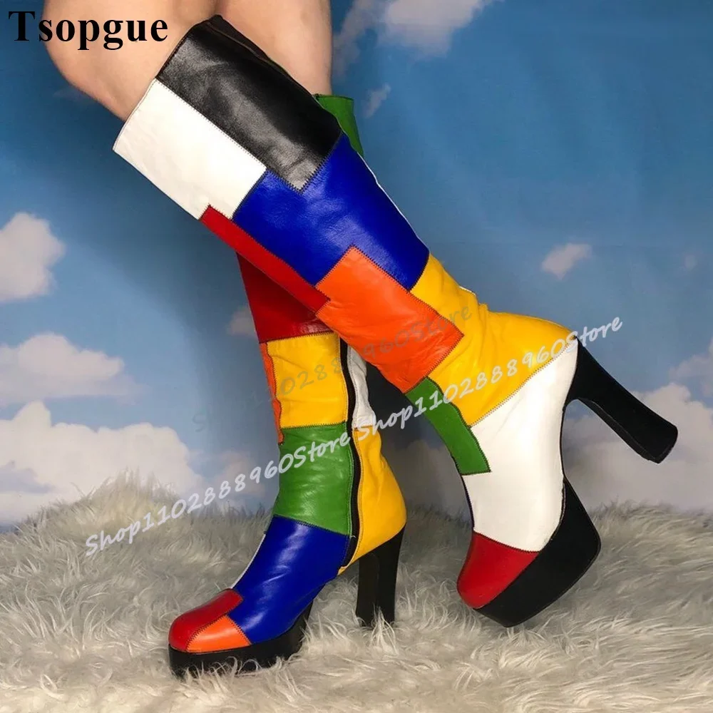 

Knee High Mixed Splicing Leather Platform Boots Chunky High Heel Shoes For Women Side Zipper Round Toe Stylish Women Boots