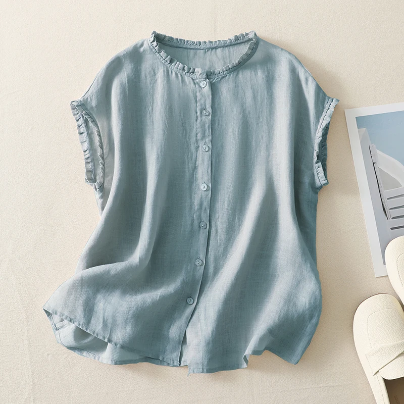 

Cotton Linen Wooden Ear Edge Sleeveless Cardigan Blouse Female Summer New Loose Big Yards Temperament Leisure Round Neck Shirt
