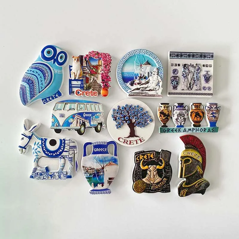 

Crete Greece Fridge Magnets Featuring Owl, Donkey, Amphoras, Windmill & Retro Bus, Perfect Home Decor Items & Room Decorations