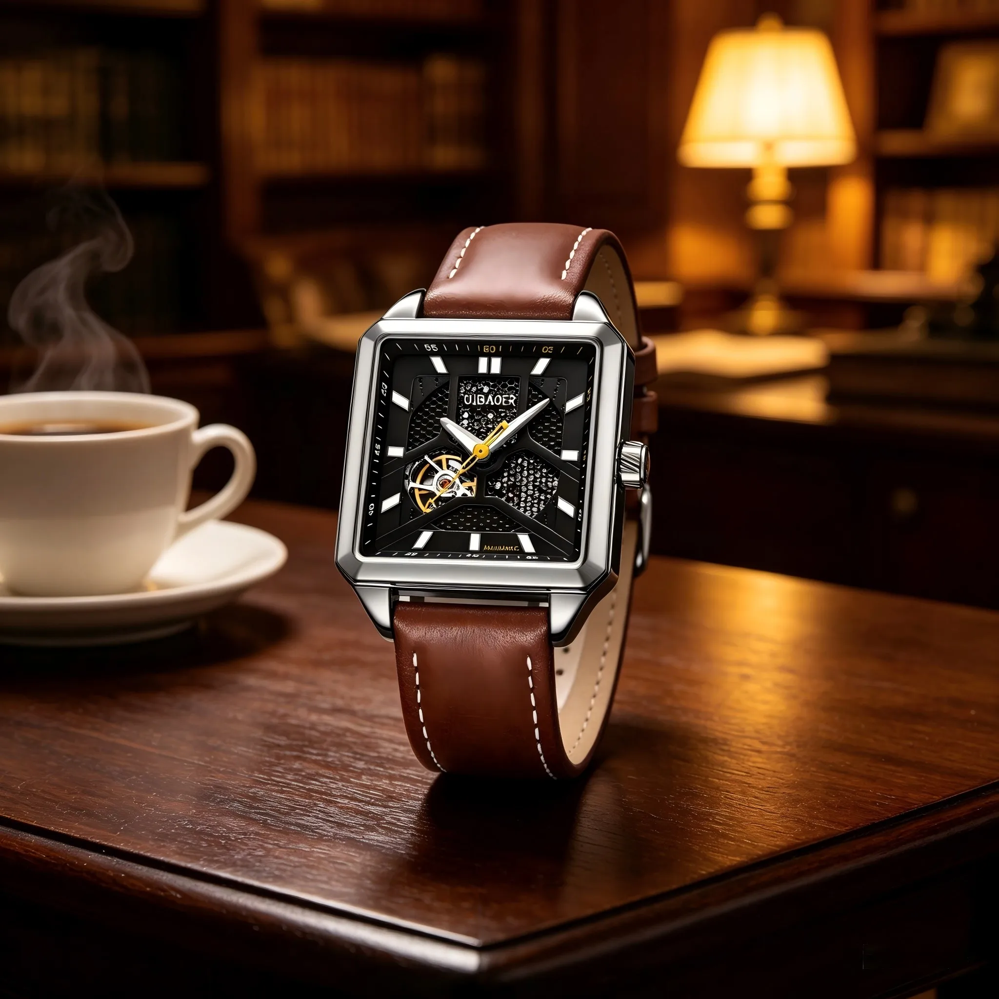 OUBAOER Men Hollow Square Mechanical Wristwatch Architect Collection Premium Soft Genuine Leather Band Waterproof Casual Clock