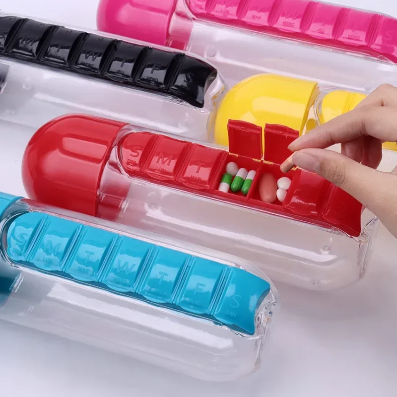 600ml Sports Plastic Water Bottle Combine Daily Pill Boxes Capsule Water Cup Medicine Organizer Drinking Bottles Pill cases 1PC