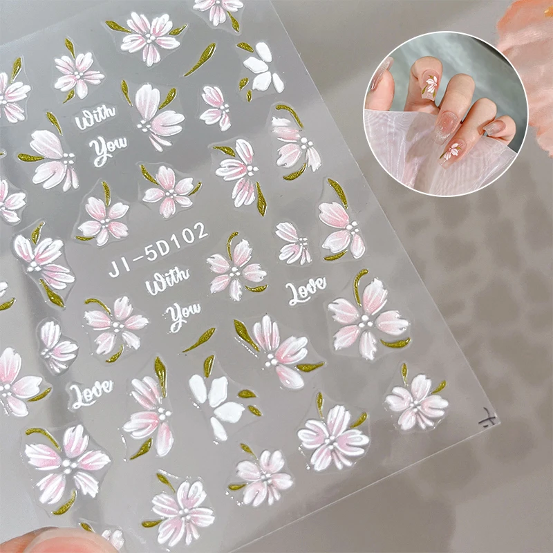 

3D Stickers Nail Art Petal Camellia Pink Blossoms Decals Floral Leaf Sliders For Nails Manicure Accessories Decoration Patch