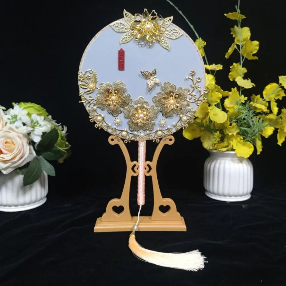 

Vintage Wedding Bride Group Fan Wooden Handmade Chinese Hand Fan with Tassel Stand DIY Material Bag Wedding Props Fan