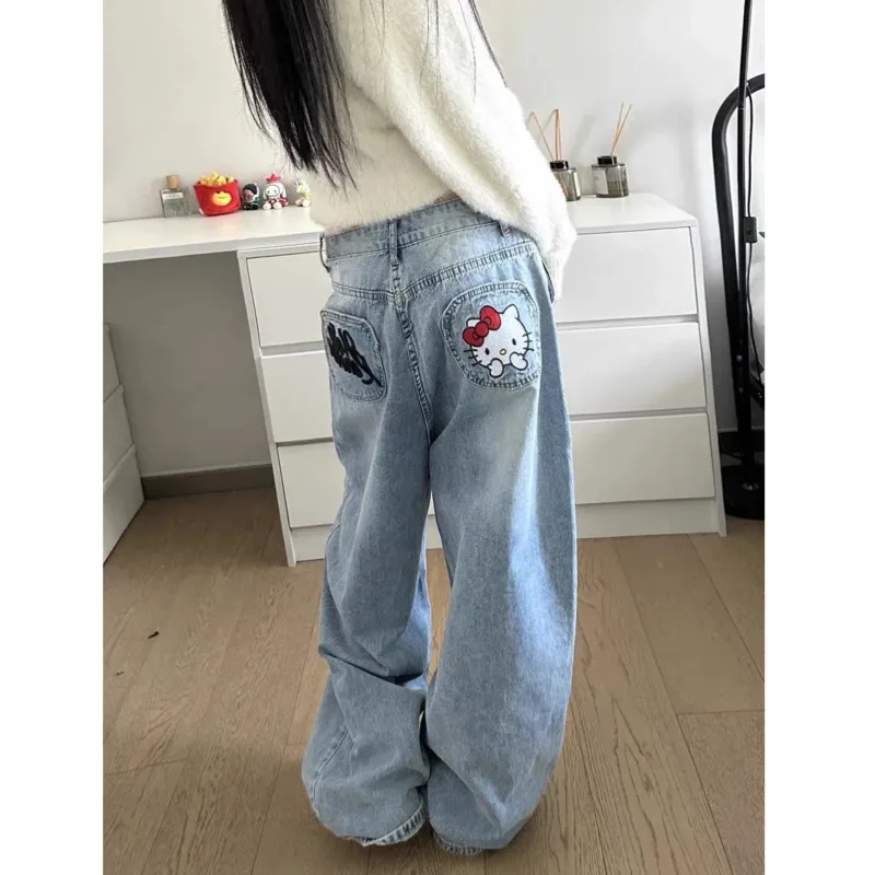 Miniso Button Hellokitty Y2k pantaloni in Denim ricamati Cartoon KT Jeans larghi a vita alta Streetwear pantaloni a gamba larga vestiti retrò