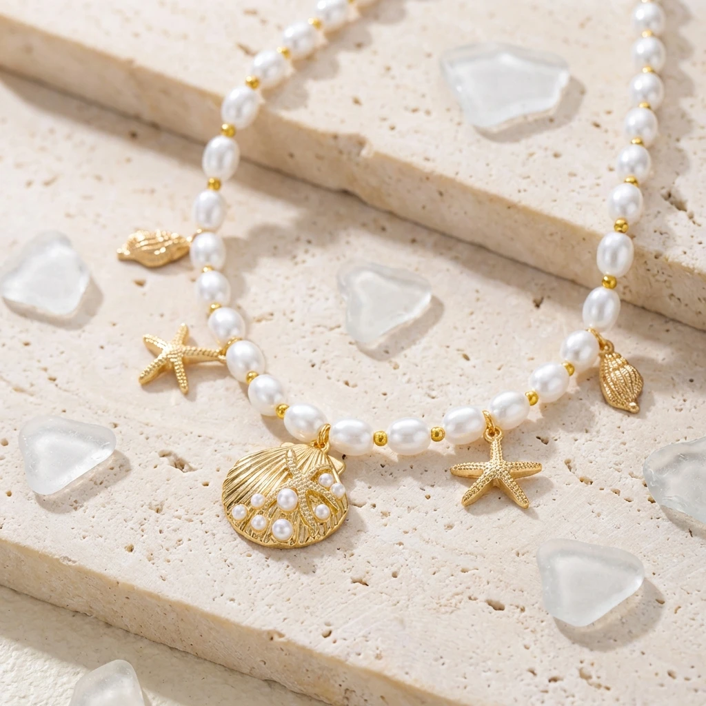 Böhmische Imitationsperlen-Choker-Halskette für Frauen Goldfarbener Muschel-Seestern-Anhänger Sommer Strand Urlaub Schmuck Geschenk – Detail 5