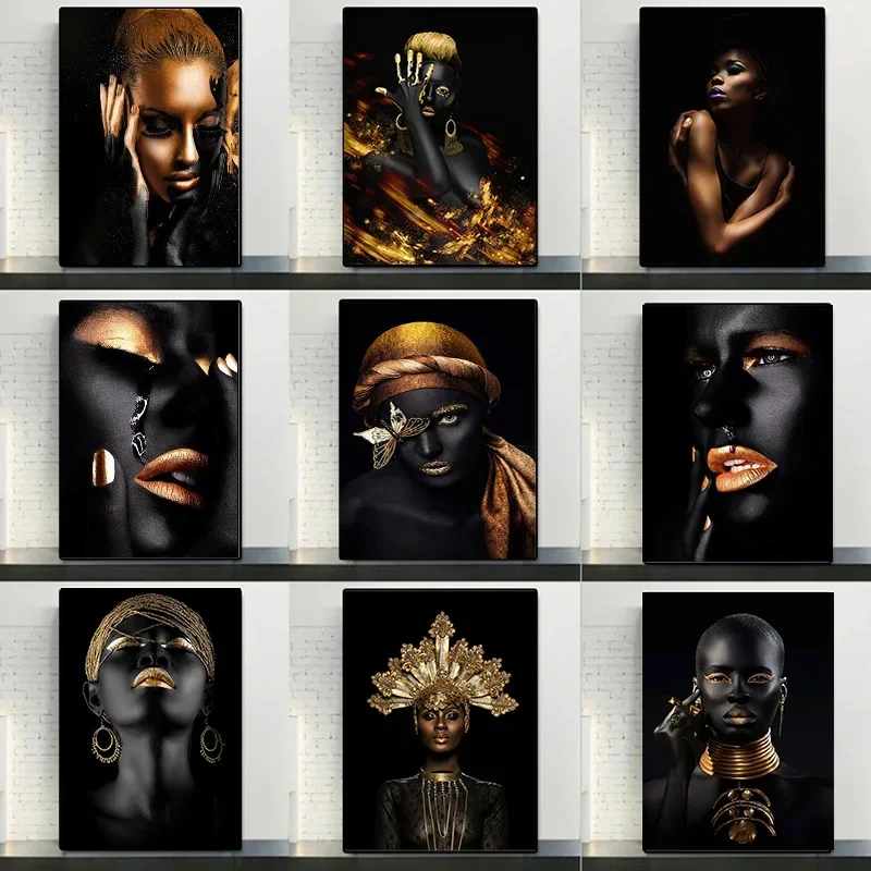Moderne Leinwandbilder, Wandkunst, künstlerische Poster und Drucke mit afrikanischen Motiven, Darstellung einer schwarzen Frau, für Wohnzimmer, skandinavische Kunst, Heimdekoration.