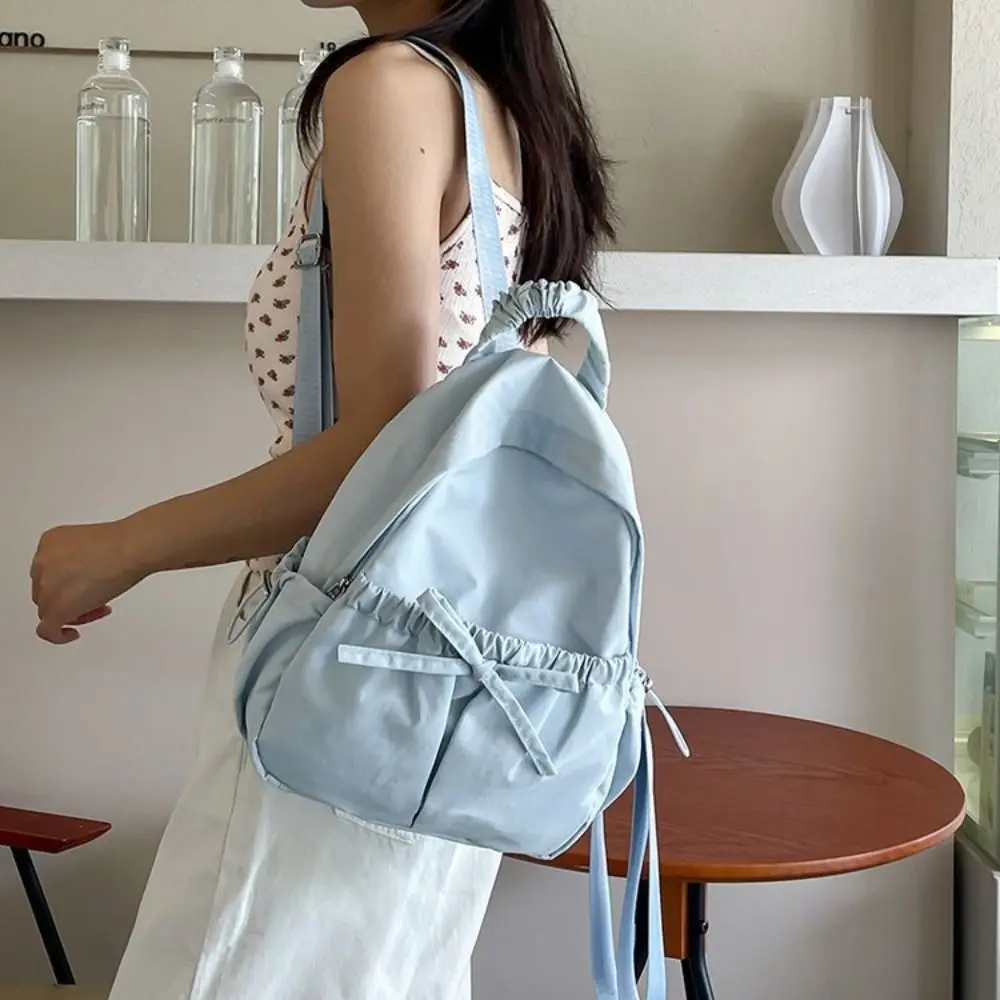 

Sweet Handbag Bow Backpack Solid Color Korean Style Nylon Backpack Wrinkle Large Capacity Shoulders Bag Travel