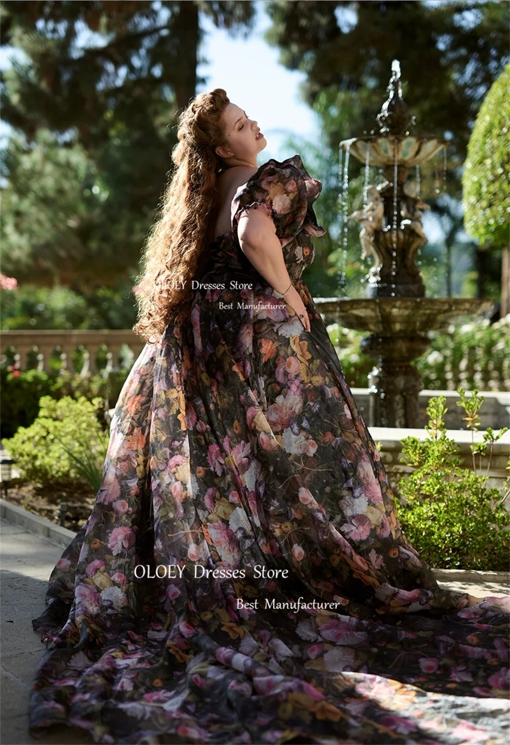 OLOEY Elegant Floral Prom Dress Princess Evening Dress Formal Floor Length Ruffles Ruched Birthday Gown Puff Sleeves Plus Sizes