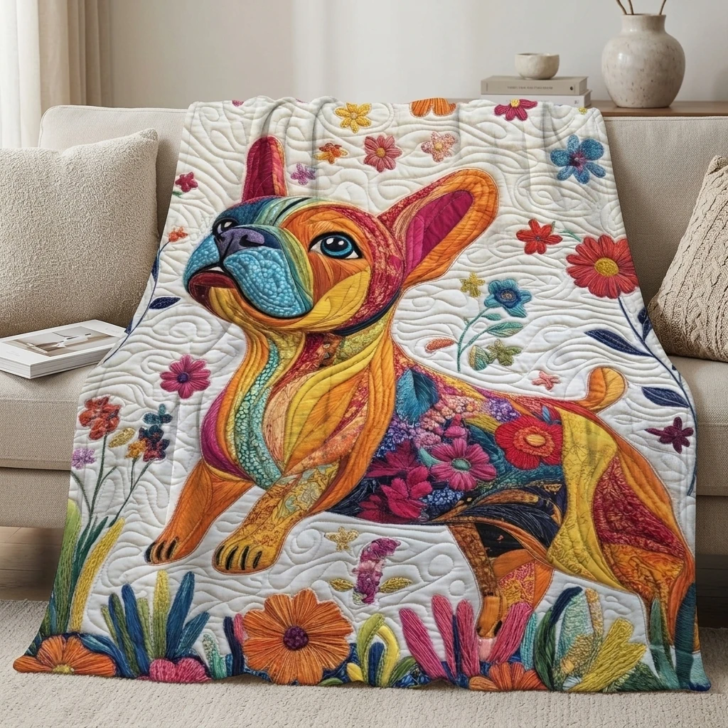 1PC Colorful Flower & French Bulldog Thickened Flannel Throw Blanket, Cozy Fleece Throw, Perfect Gifts for Home