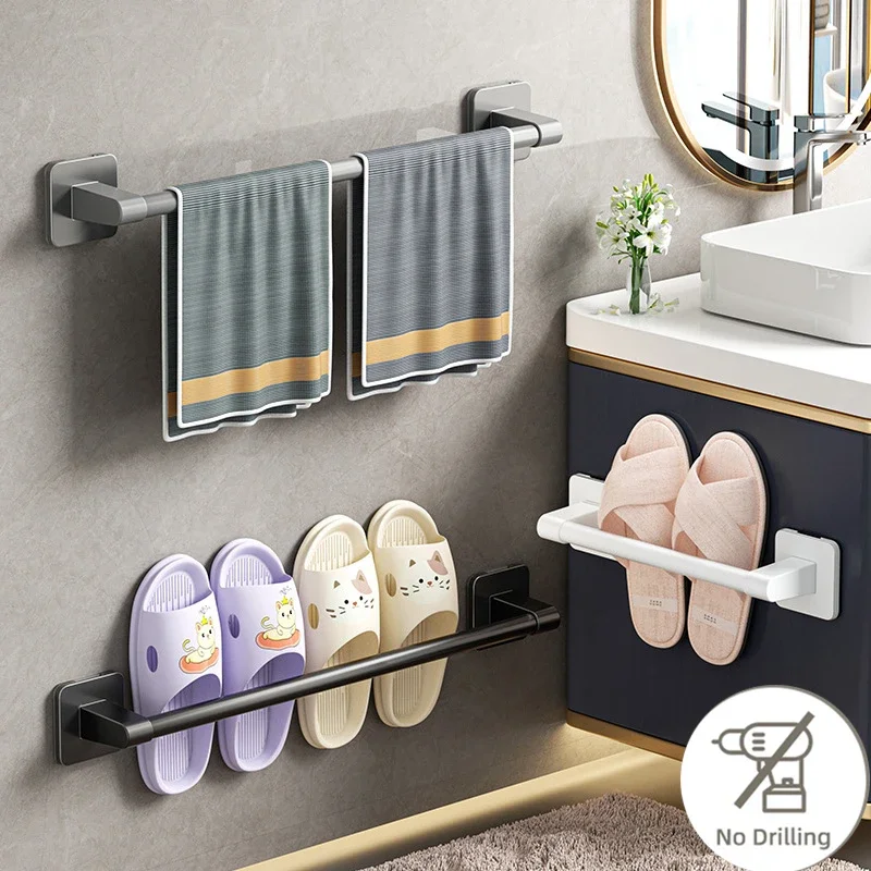 

Wall Mounted Towel Holder Slipper Rack Bathroom Storage Rack Holder Without Drilling Bathroom Horizontal Bar Towel Rack Ecoco