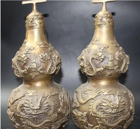 

12" Chinese Bronze Fengshui Bixie Dragon Bottle gourd Cucurbit Bottle Vase Pair