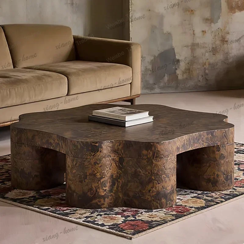 LD Medieval style wooden tree tumor pattern coffee table retro old money style living room coffee table