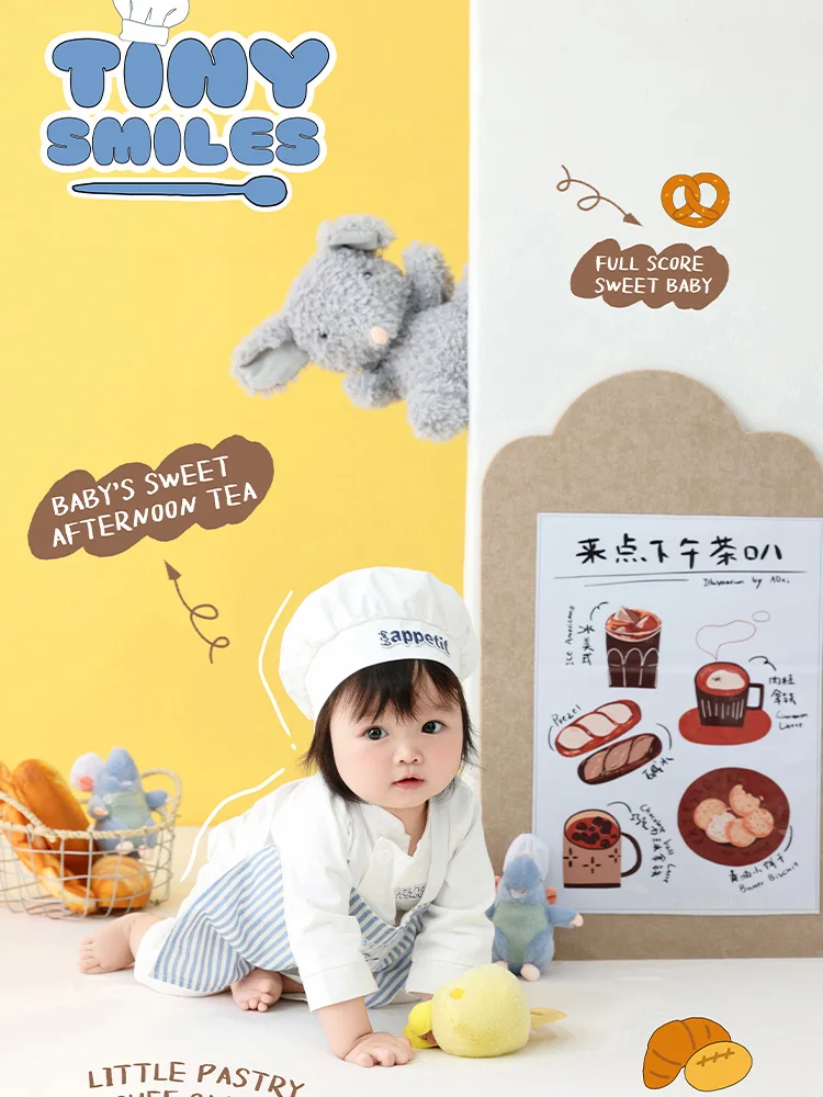 Cute Little Chef Style Costume Photography Outfit Striped Apron+chef Hat Set Studio Baby 100 Days Milestone Themed Photo Clothes