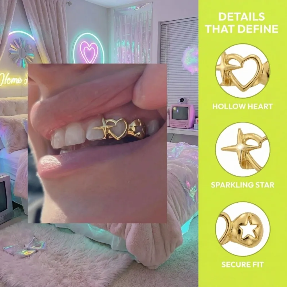 18K Gold-Plated Teeth Grillz Hollow Out Heart Extra Molding Bars Tooth Jewelry Reusable Removable Gold Tooth Cap Cosplay