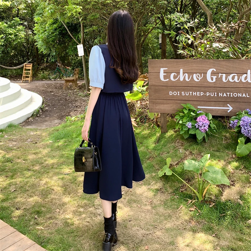 Fake Two Pieces Long Dresses For Women Summer Female Lapel Collar Short Sleeve Large Size Casual Polyester Blue Preppy Vestidos