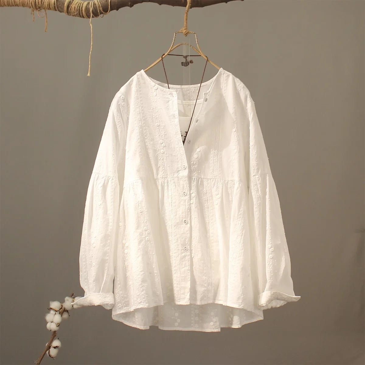 

Women's plus size clothes Japanese style 100% cotton white beige lace embroidery shirts long sleeve blouses ladies top