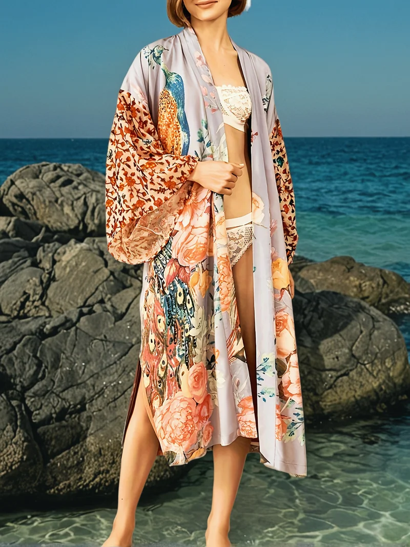 

Moxdo Women's Peacock Print Beach Cover-Up, Long-Sleeved Vacation Sun Protection Cardigan
