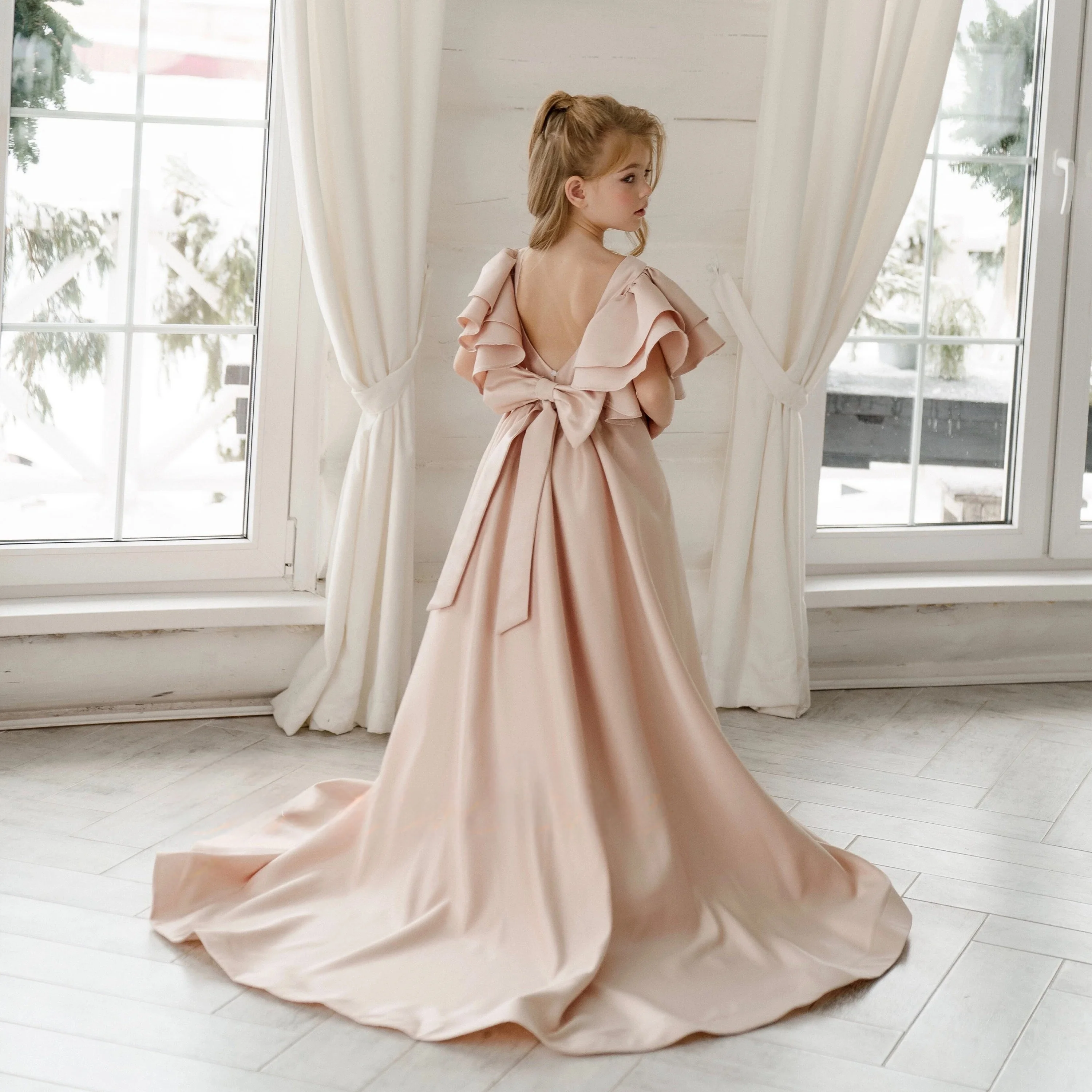 Satin flower girl dress with bow, long flower girl dress, toddler princess dress, puffy flower girl dress, children's prom dress