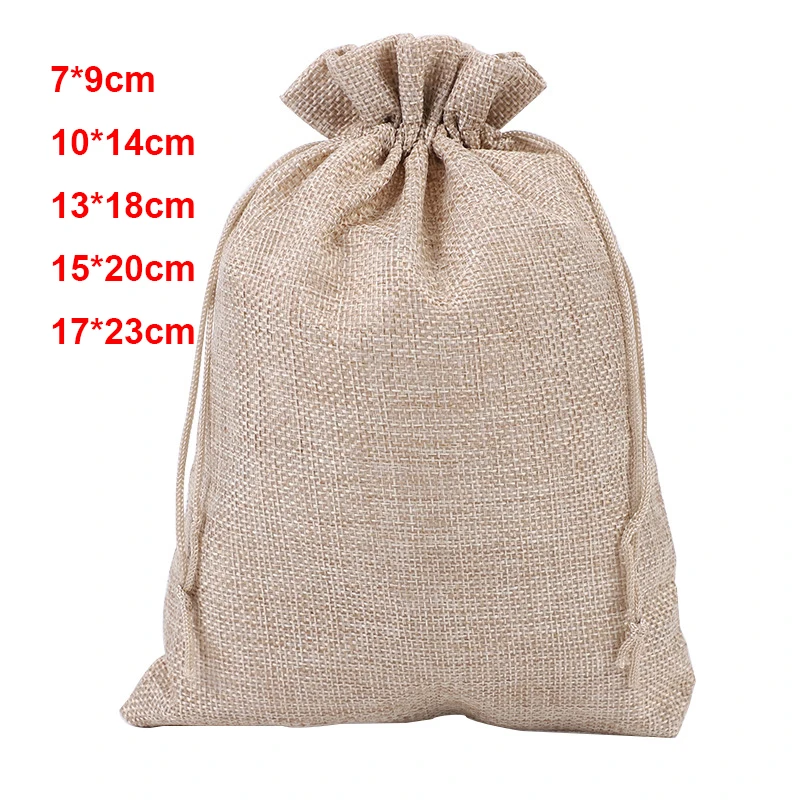 50pcs/lot Natural Jute Drawstring Linen Bags For Party Gift Packaging Bag Storage Pouches Add Logo 7x9 10x14 13x18 15x20 17x23cm